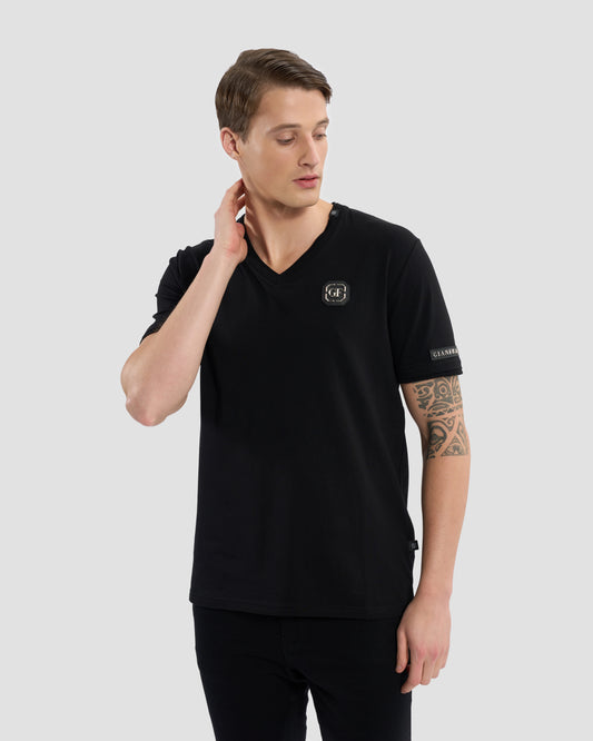 Brand Embellished Sleeve V-Neck T-Shirt