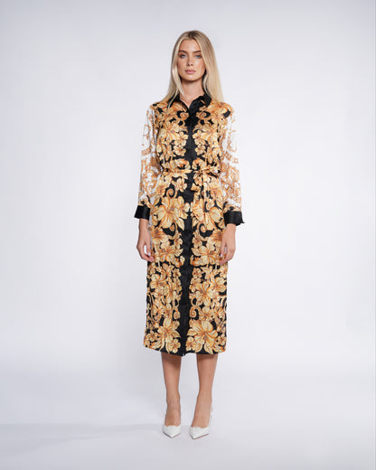 Baroque Floral Print Maxi Dress with Belt
