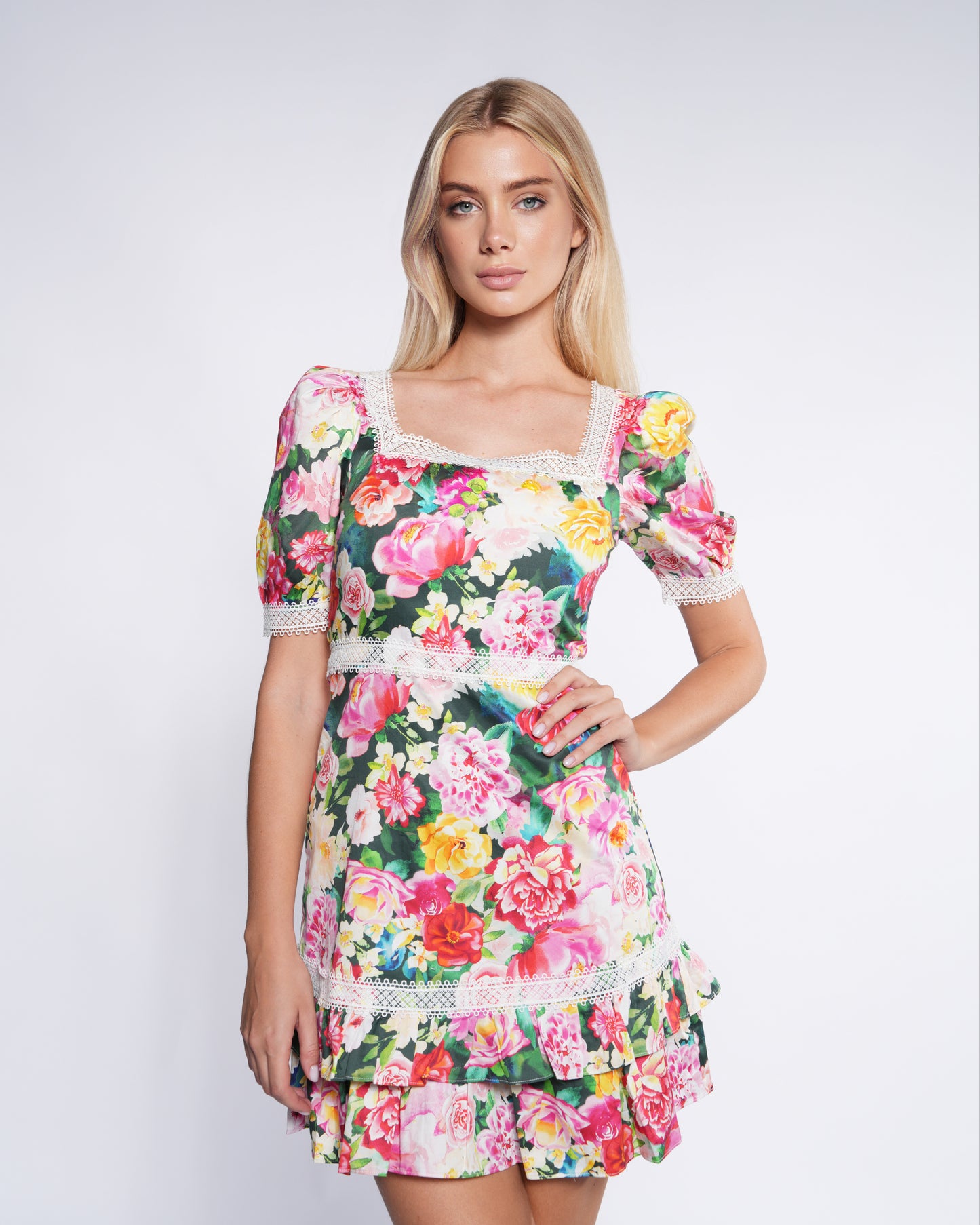 Lace Floral Print Mini Dress