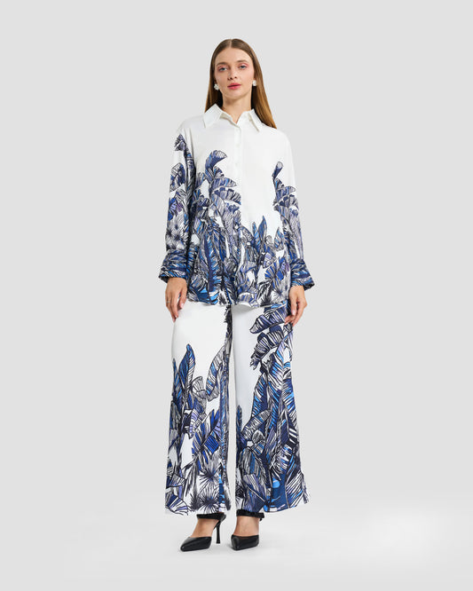 Tropical Palm Print Silk Two-Piece Set