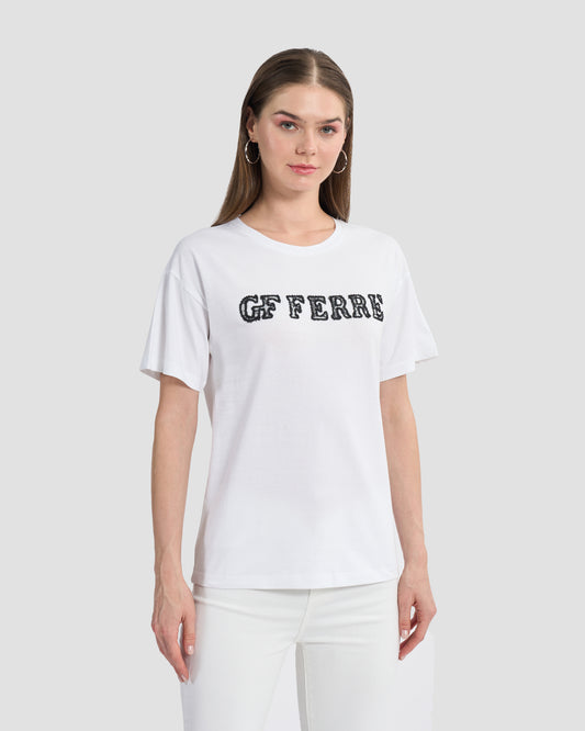  Casual white t-shirt with lace GF Ferré branding to the front in contrasting tone.
