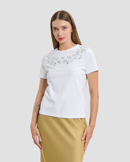 White Crystal & Rhinestone Embellished T-Shirt