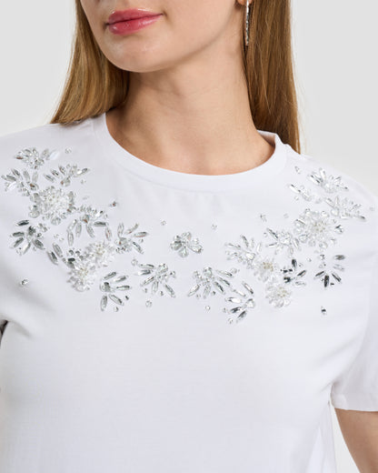 White Crystal & Rhinestone Embellished T-Shirt