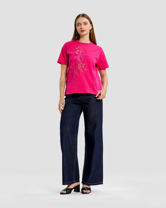 Magenta Lace & Embroidered T-Shirt