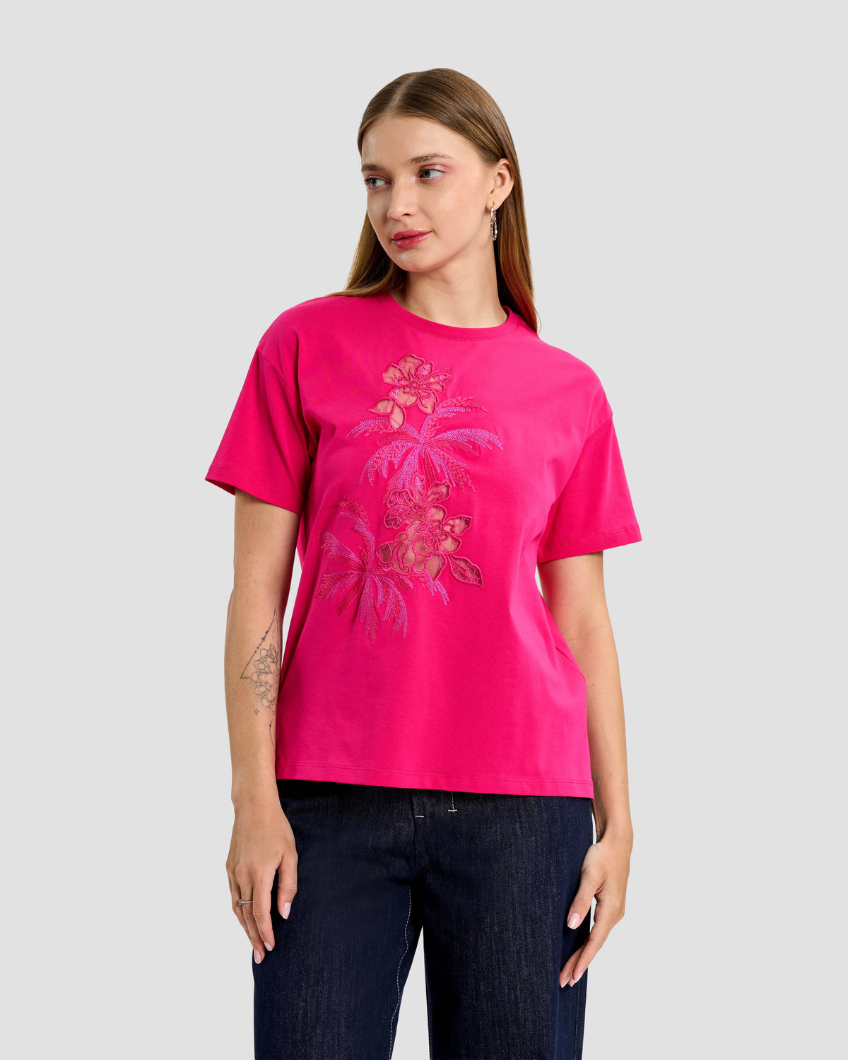 Magenta Lace & Embroidered T-Shirt
