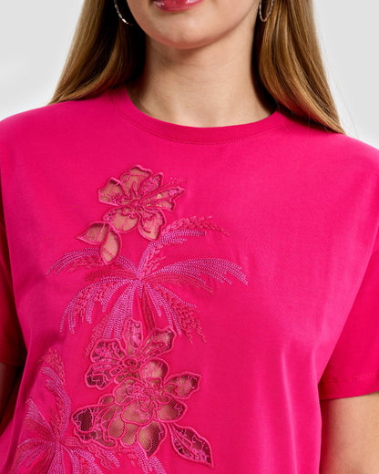 Magenta Lace & Embroidered T-Shirt