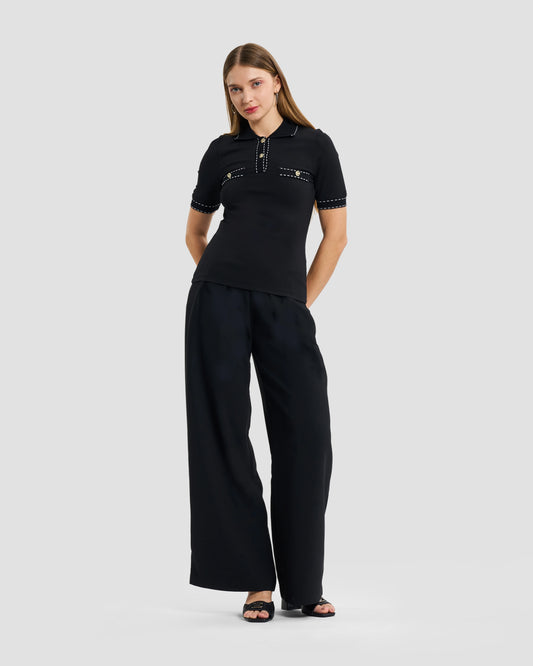 Black Contrast-Trim Knit Polo Shirt