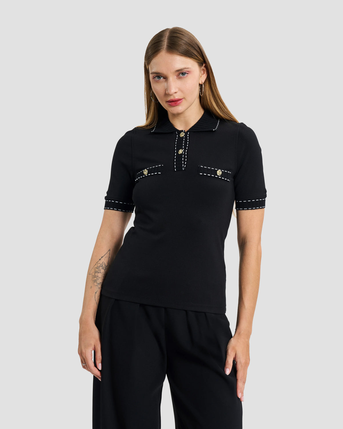 Black Contrast-Trim Knit Polo Shirt