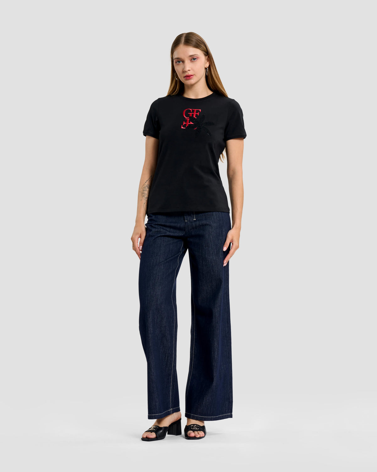 Black Embroidered Logo & Rhinestone T-Shirt