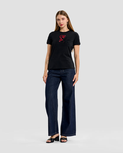 Black Embroidered Logo & Rhinestone T-Shirt