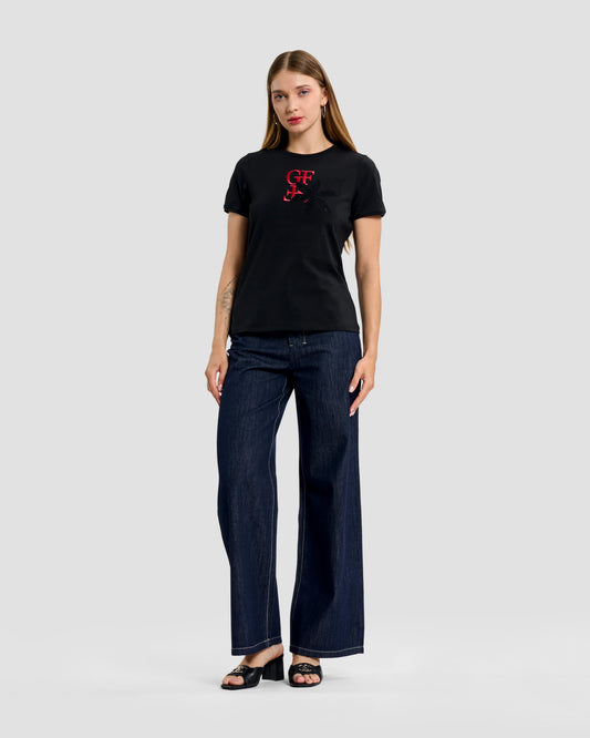 Black Embroidered Logo & Rhinestone T-Shirt