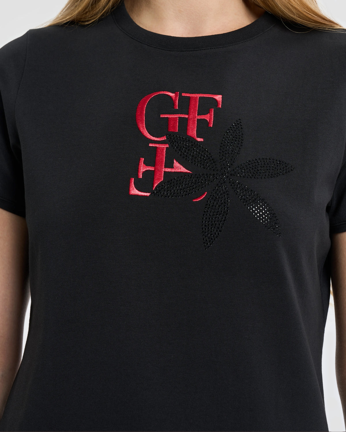 Black Embroidered Logo & Rhinestone T-Shirt
