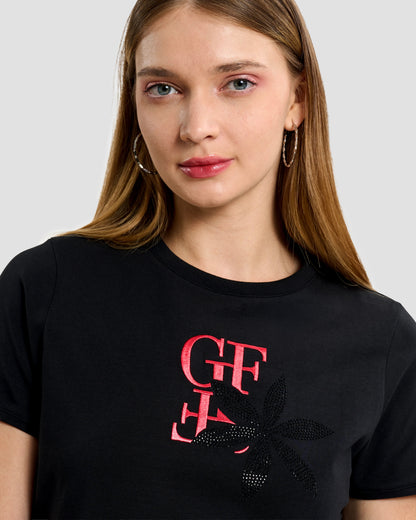 Black Embroidered Logo & Rhinestone T-Shirt