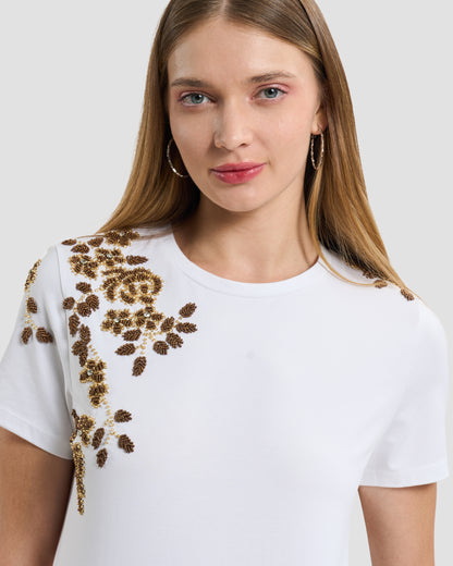 Floral Bead-Embellished Cotton T-Shirt