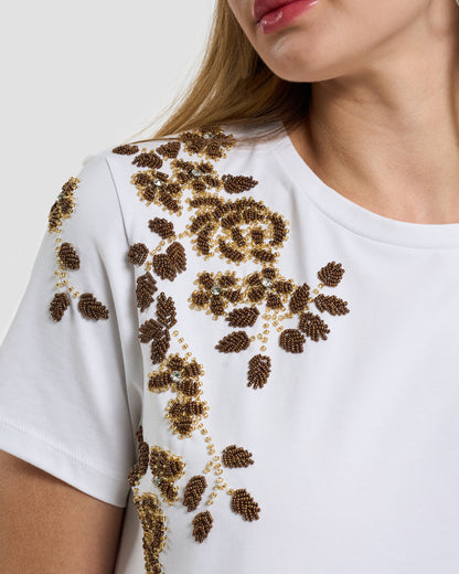 Floral Bead-Embellished Cotton T-Shirt