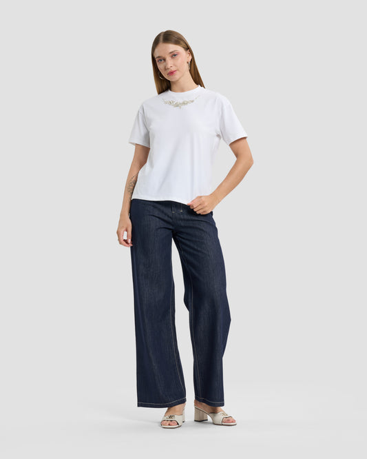 Pearl and Crystal Embellished Neckline T-Shirt