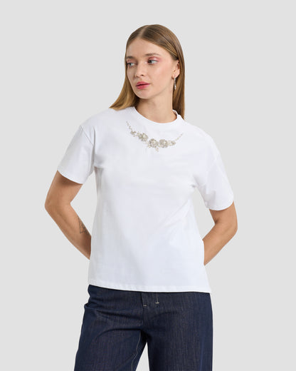 Pearl and Crystal Embellished Neckline T-Shirt