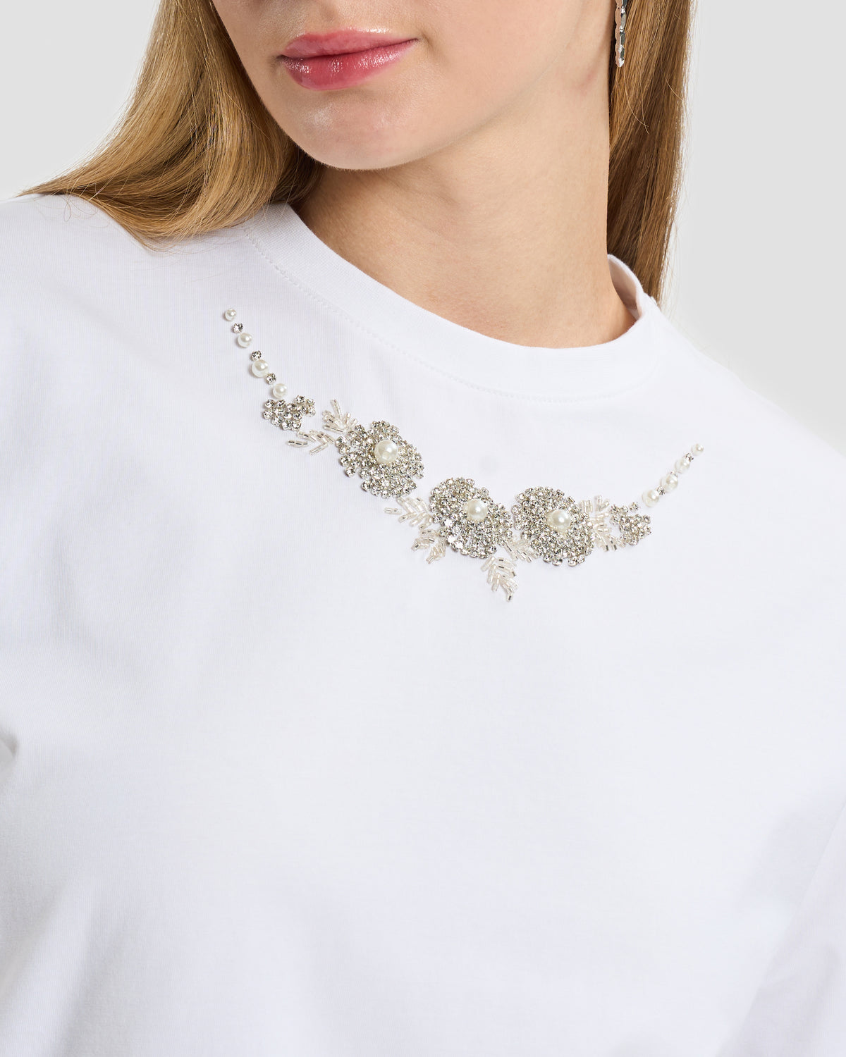 Pearl and Crystal Embellished Neckline T-Shirt
