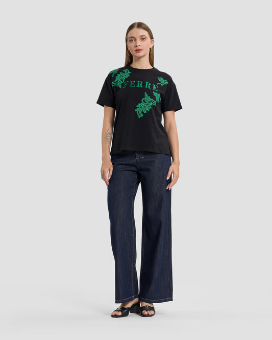 Emerald Lace Appliqué "FERRE" T-Shirt