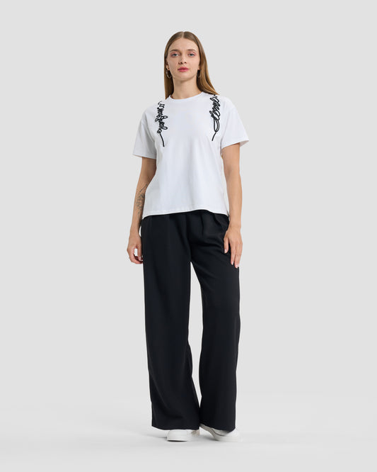 White Cording Embroidered Script T-Shirt