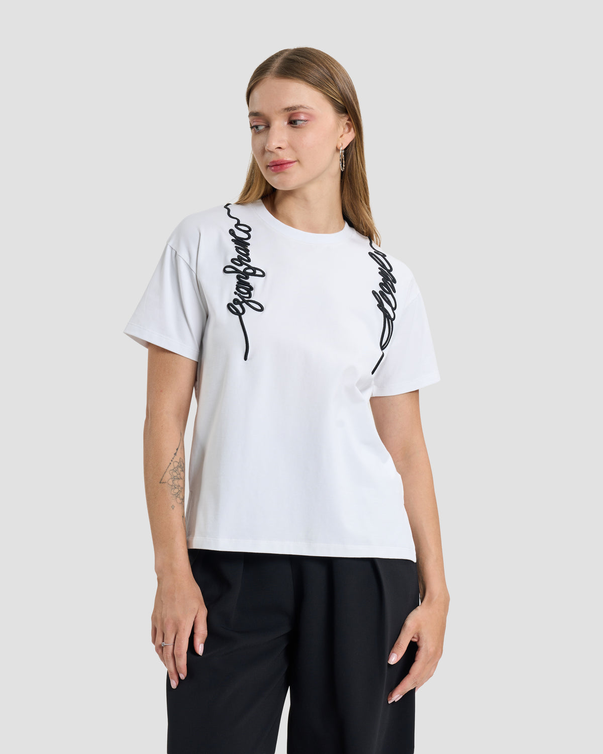White Cording Embroidered Script T-Shirt