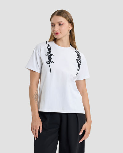 White Cording Embroidered Script T-Shirt