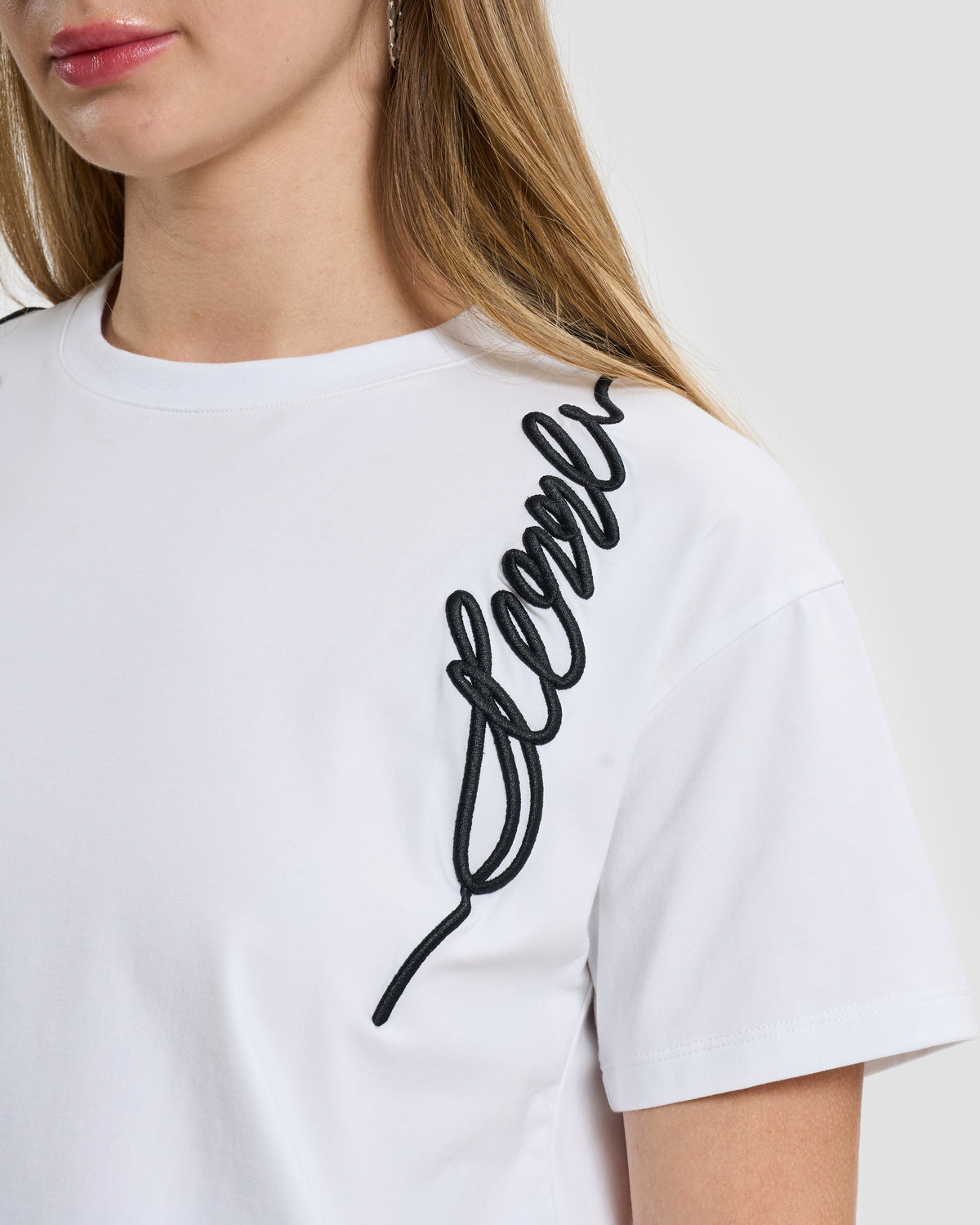 White Cording Embroidered Script T-Shirt