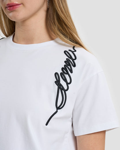 White Cording Embroidered Script T-Shirt