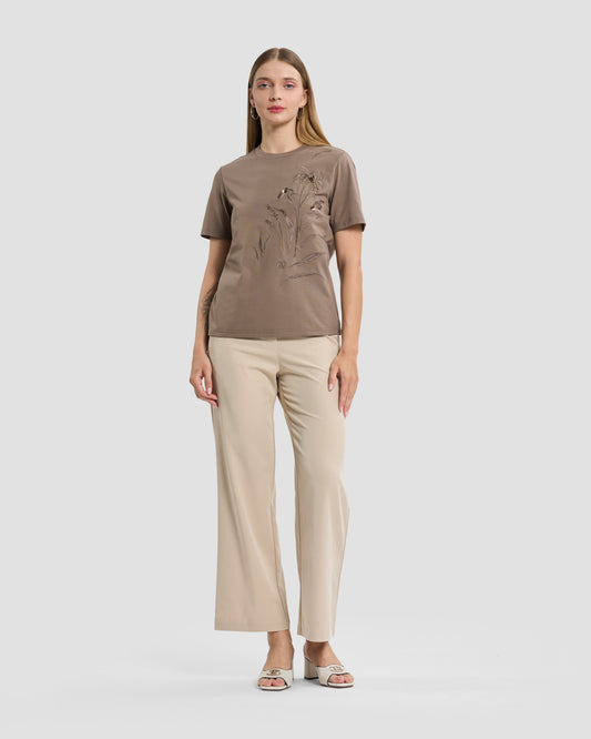 Taupe Embroidered Floral & Sequin T-Shirt