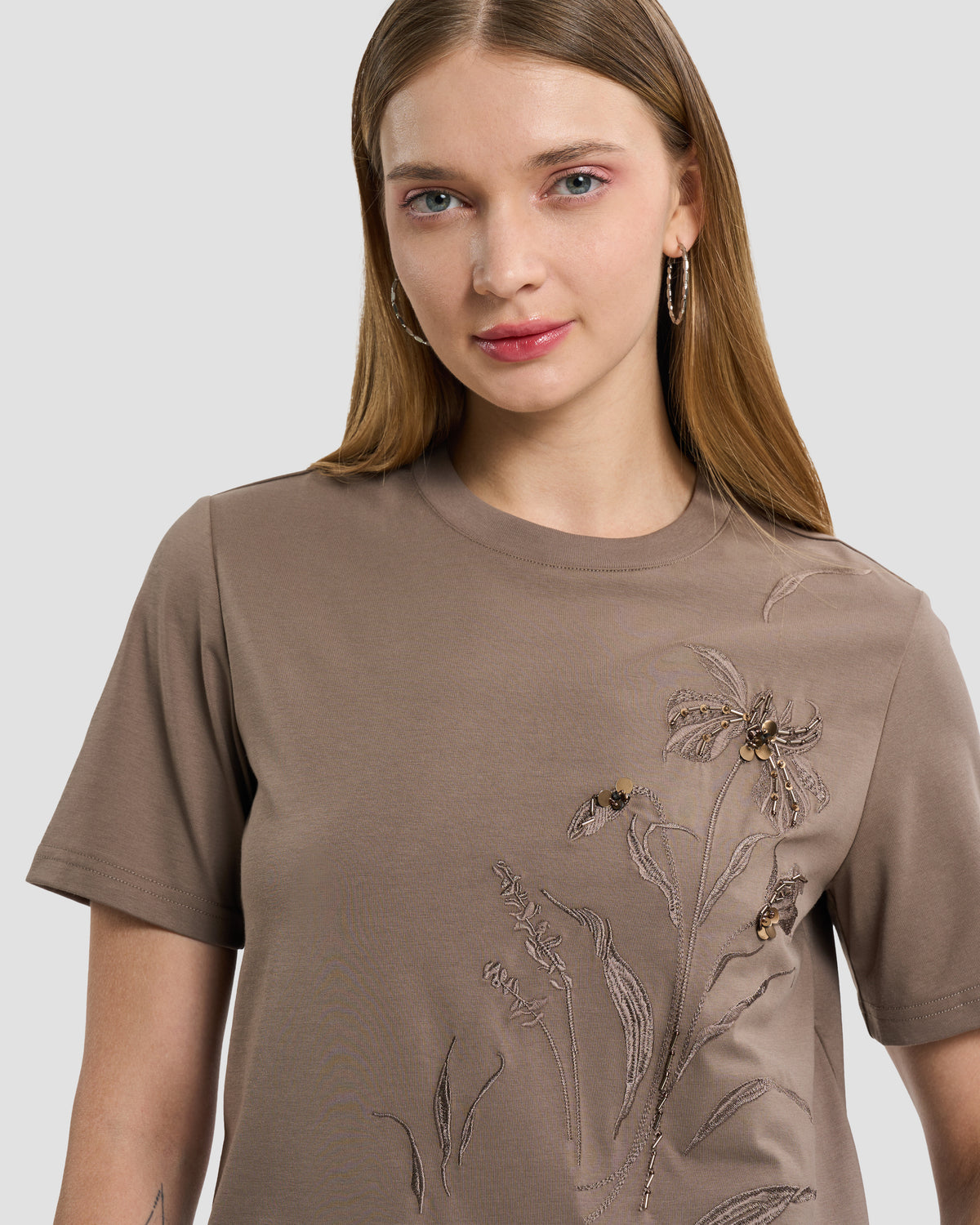 Taupe Embroidered Floral & Sequin T-Shirt
