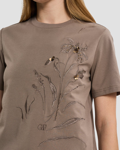 Taupe Embroidered Floral & Sequin T-Shirt