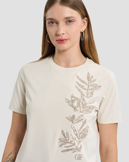 Off-White Gold Botanical Embroidered T-Shirt