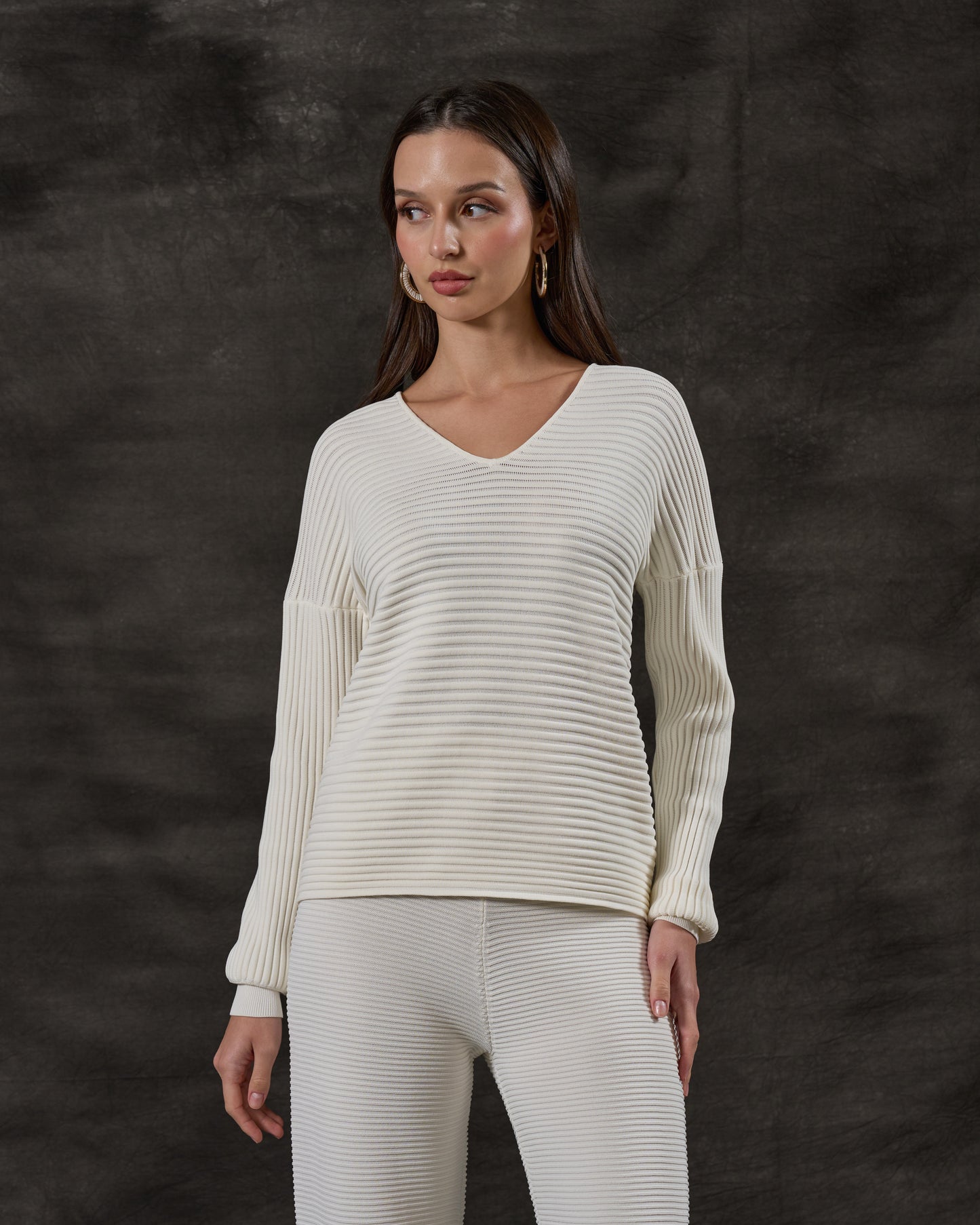 Ribbed V-Neck Knit Pullover