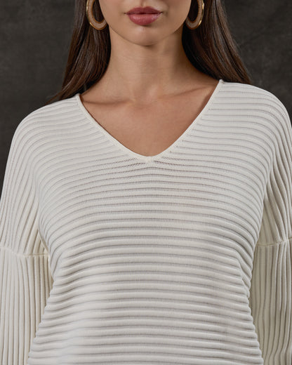 Ribbed V-Neck Knit Pullover