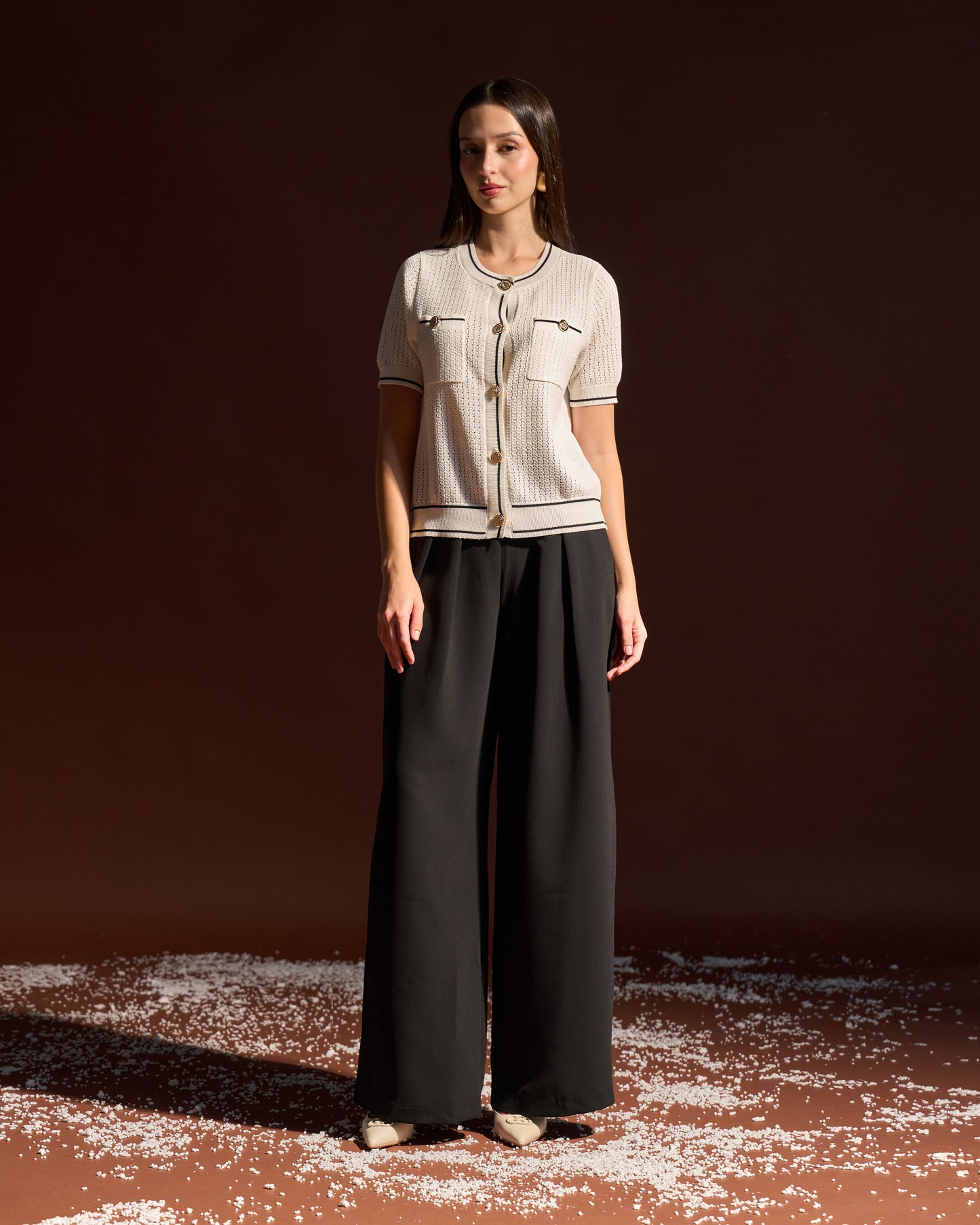 Contrast-Trim Button Knit Top