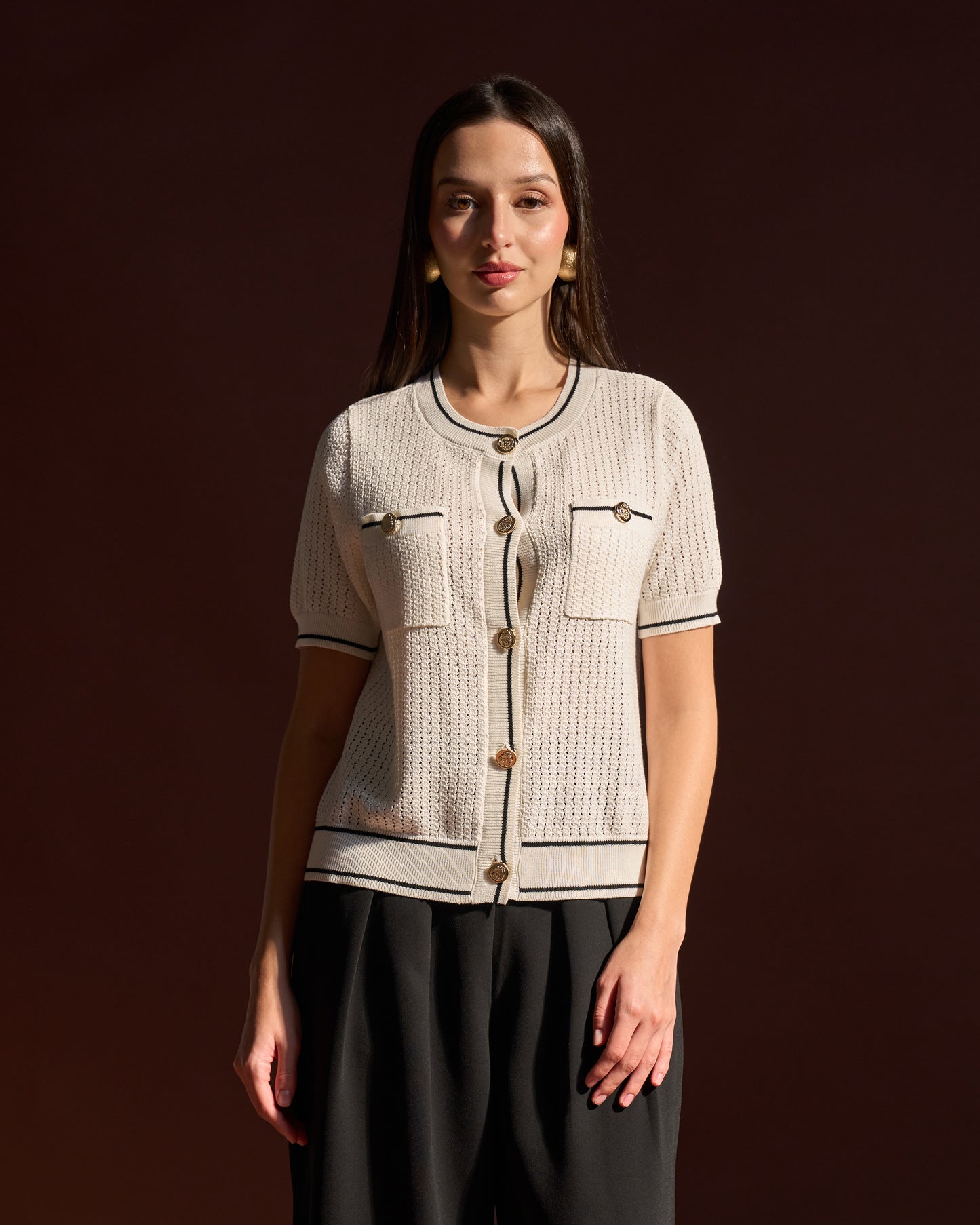 Contrast-Trim Button Knit Top