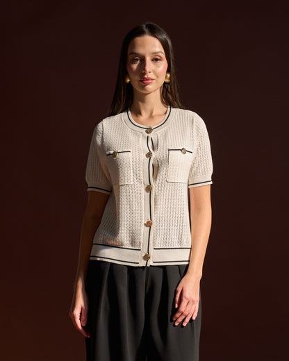 Contrast-Trim Button Knit Top