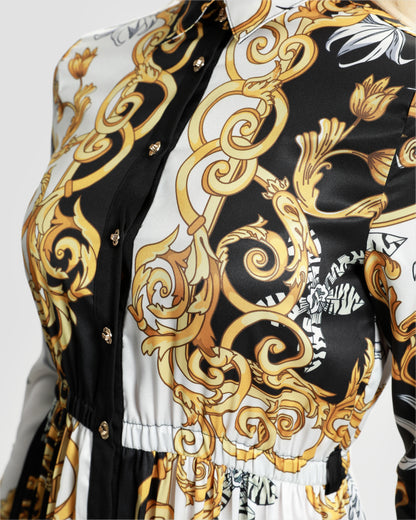 Contrasted Ornamental Print Midi Dress