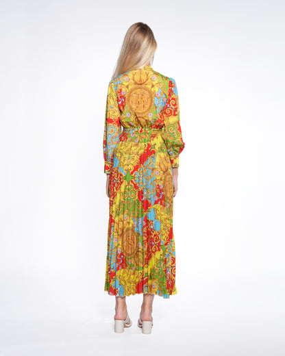Multi-Color Baroque Pleated Maxi Dress