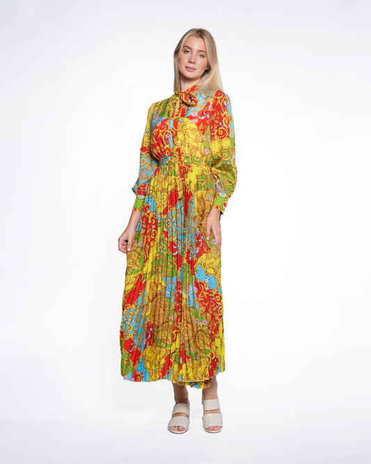 Multi-Color Baroque Pleated Maxi Dress