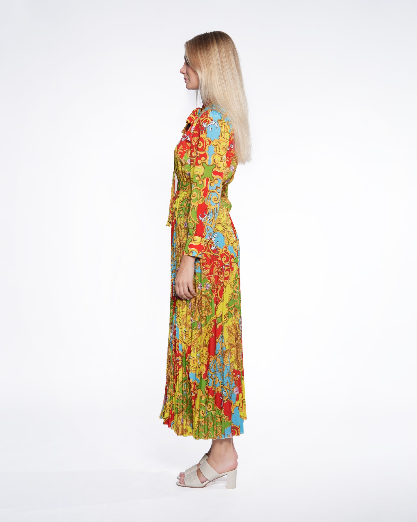 Multi-Color Baroque Pleated Maxi Dress