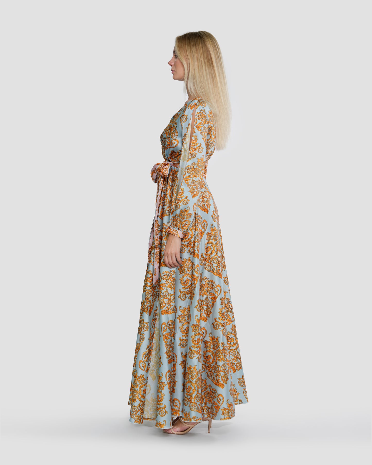 Baroque Motif Wrap-Effect Maxi Dress