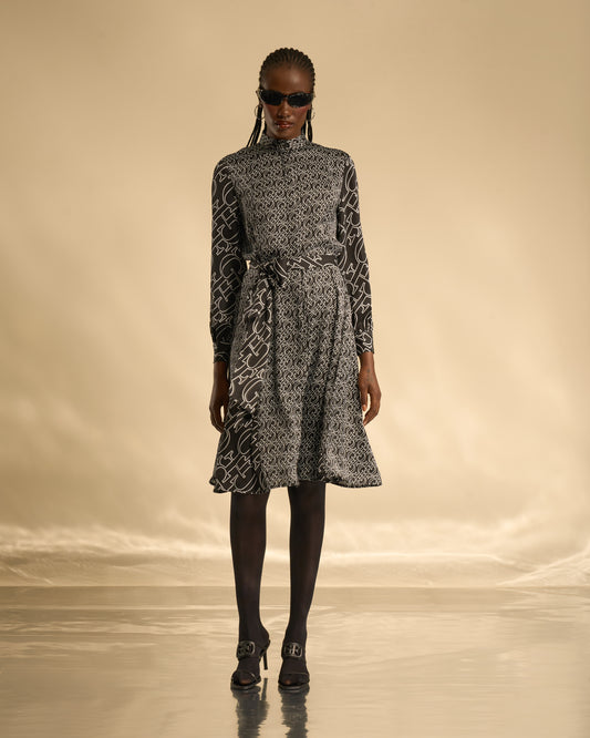 Monogram Print Contrast Midi Dress