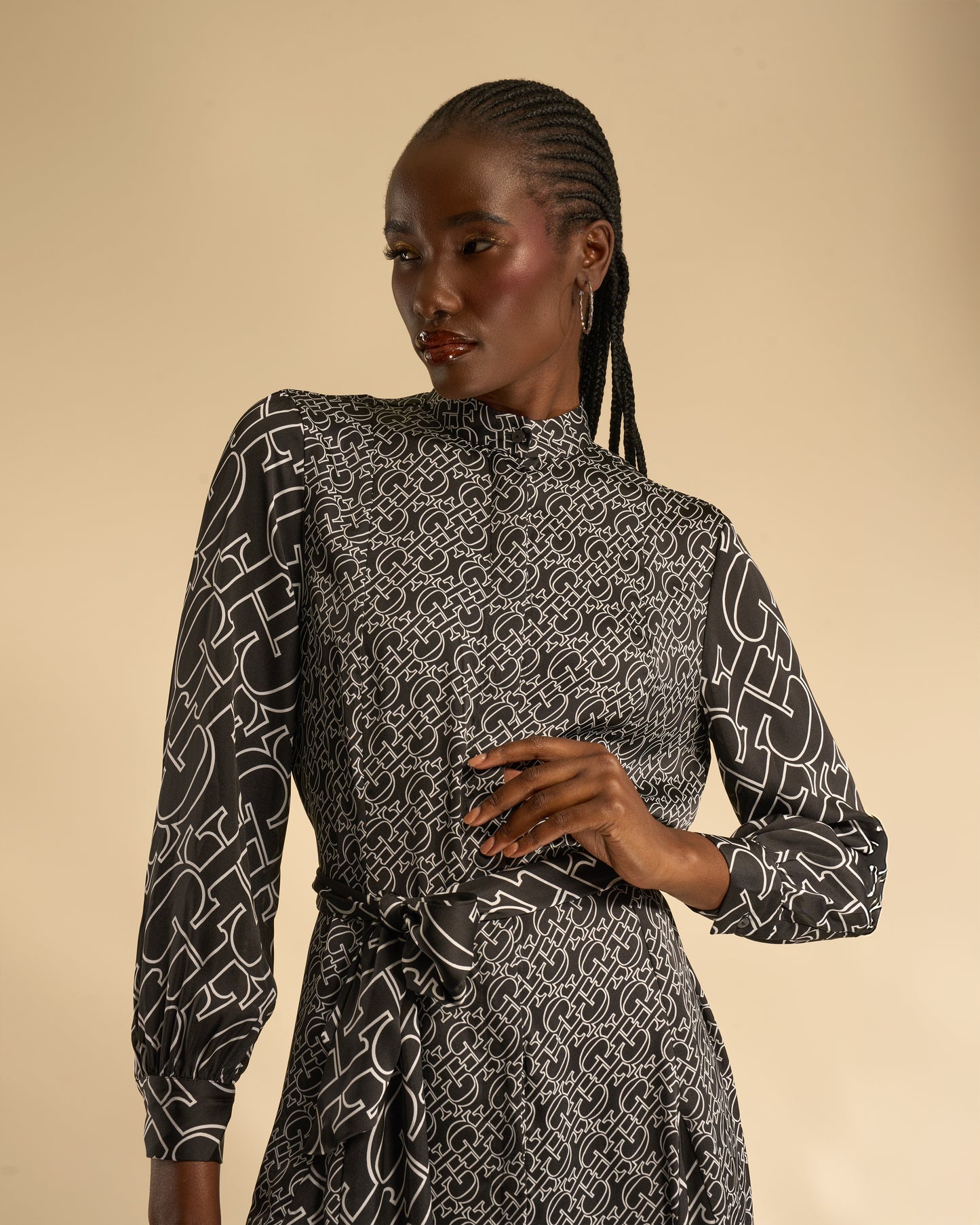 Monogram Print Contrast Midi Dress
