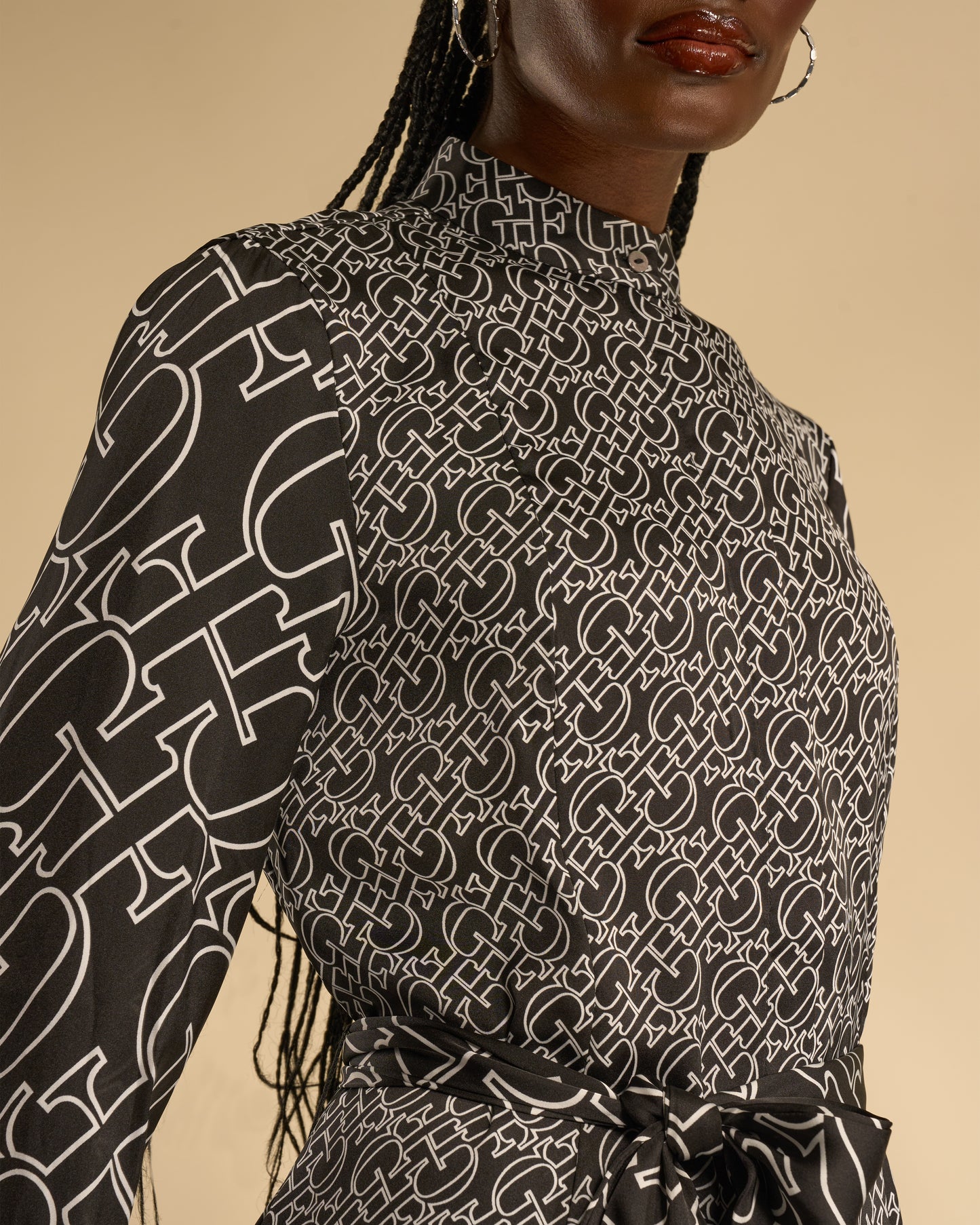 Monogram Print Contrast Midi Dress
