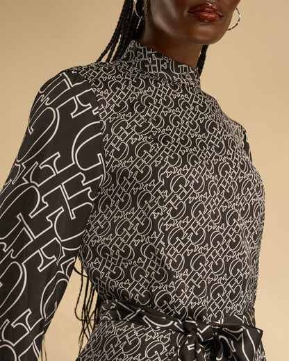 Monogram Print Contrast Midi Dress