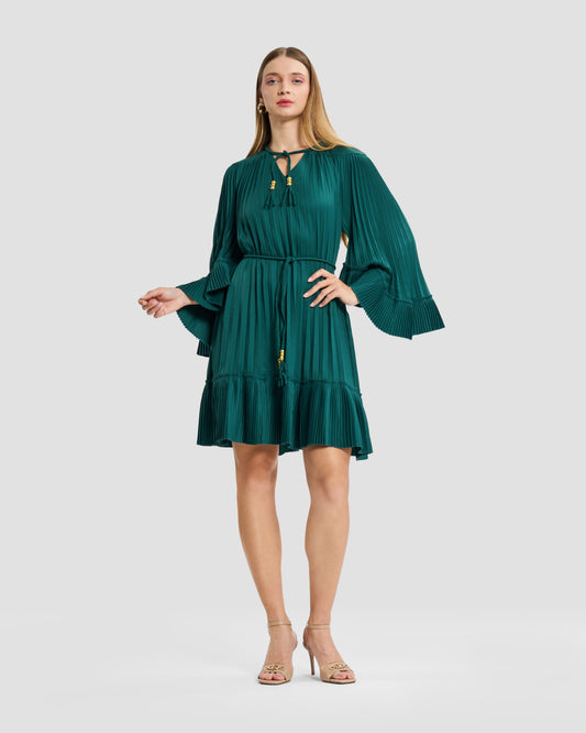 Emerald Green Pleated Tassel-Tie Mini Dress