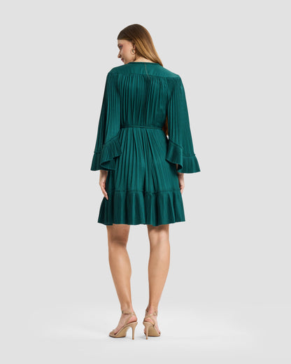 Emerald Green Pleated Tassel-Tie Mini Dress