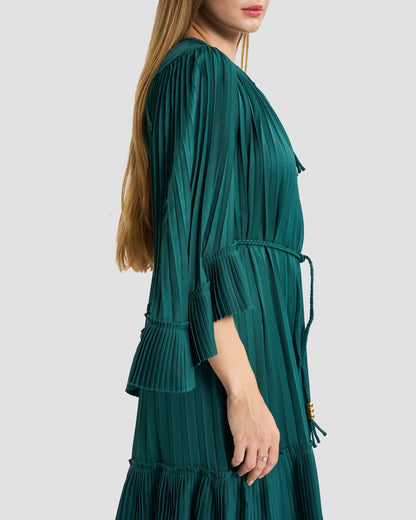 Emerald Green Pleated Tassel-Tie Mini Dress
