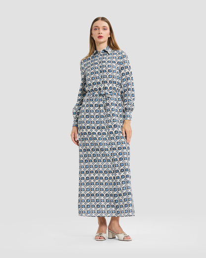 Mosaic Print Long-Sleeve Maxi Shirtdress